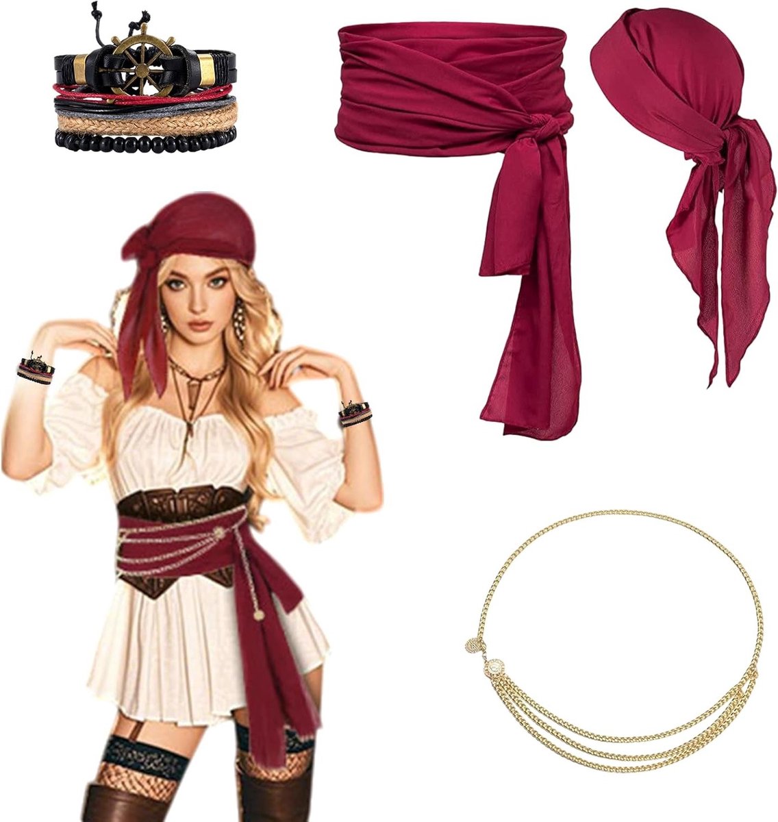 Piratenkostuum voor Dames met Bordeau Hoofddoek, Tailleband en Belketting voor Carnaval en Halloween Feesten