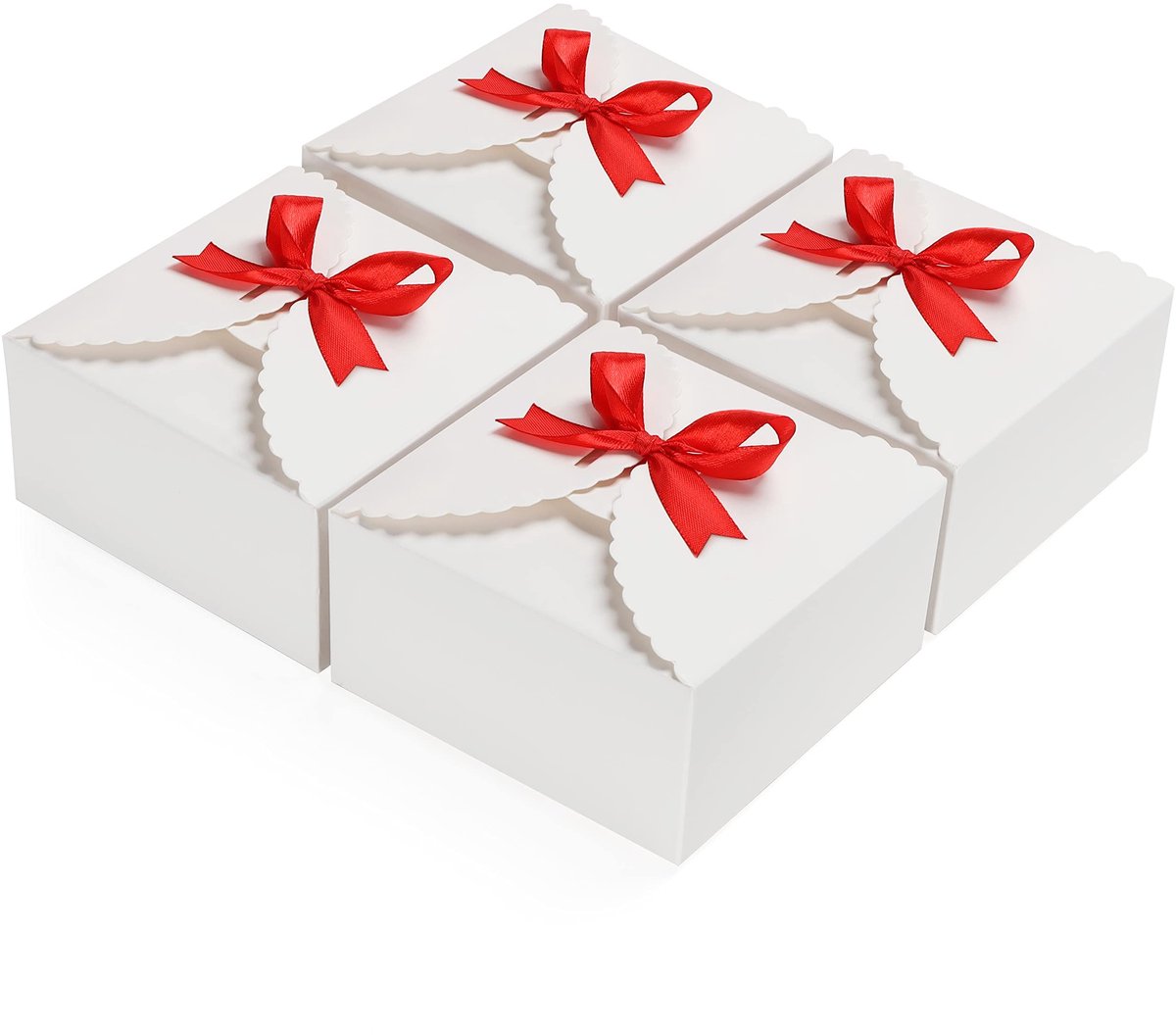 aladdien - Wit Geribbeld Hobby Papier Geschenkdozen - DIY Feest Geschenken - 50 Stuks - 12 x 12 x 6 cm - Kleine Dozen met Rood Lint - Perfect voor H..