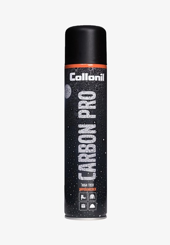 Zwart met oranje Collonil Carbon Pro spuitbus, met druppels en witte tekst. 'High Tech Impregnerer' onderaan.