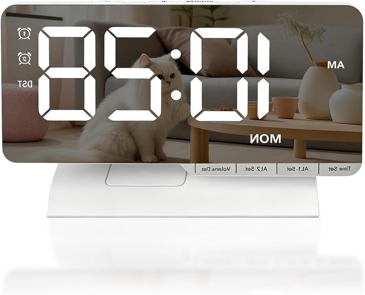 Digitale Wekker - Tafelklok Spiegelwekker - Wakker Worden - Groot Spiegeldisplay - 73 inch - Wit