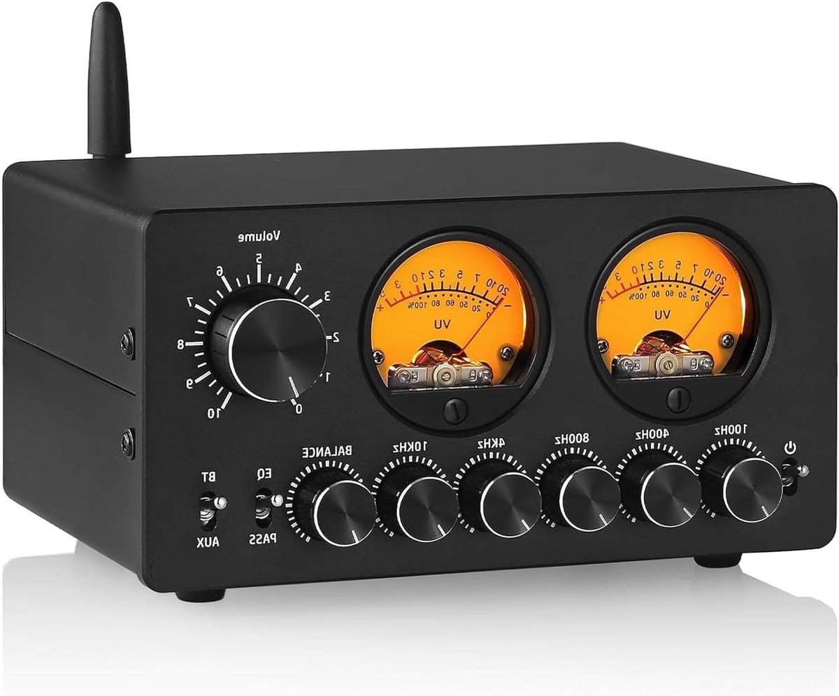 Audio Voorversterker - Stereo EQ - Muziek Afstemmen - Dubbele VU Meters - 164 mm x 108 mm - Zwart