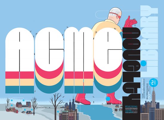 Een illustratie van een man in een geel shirt, witte pet en rode laarzen, staande voor de letters 'acme'. Rechts de tekst 'The Acme Novelty Library #21'.