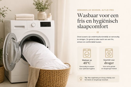 Princess Line hoofdkussen wordt uit een wasmachine gehaald, 40°C wasbaar.