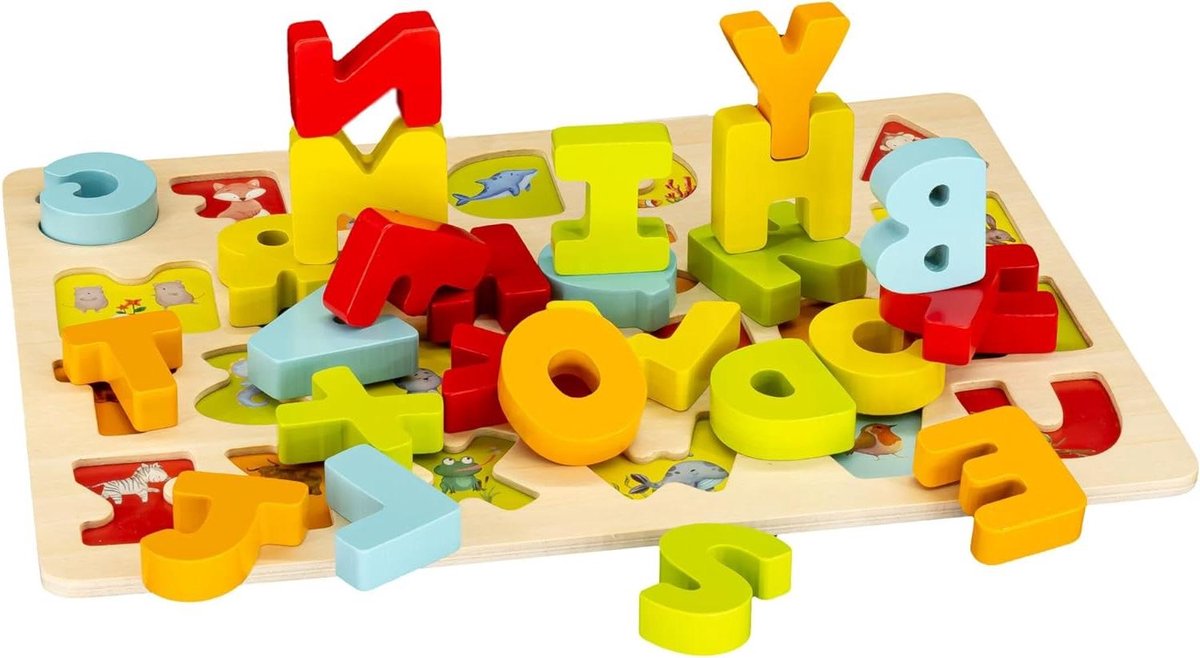 Houten Alfabet Puzzel - Leerpuzzel Letters - Kinderen Leren - 26 Delig - 30 x 22.4 cm - Meerkleurig