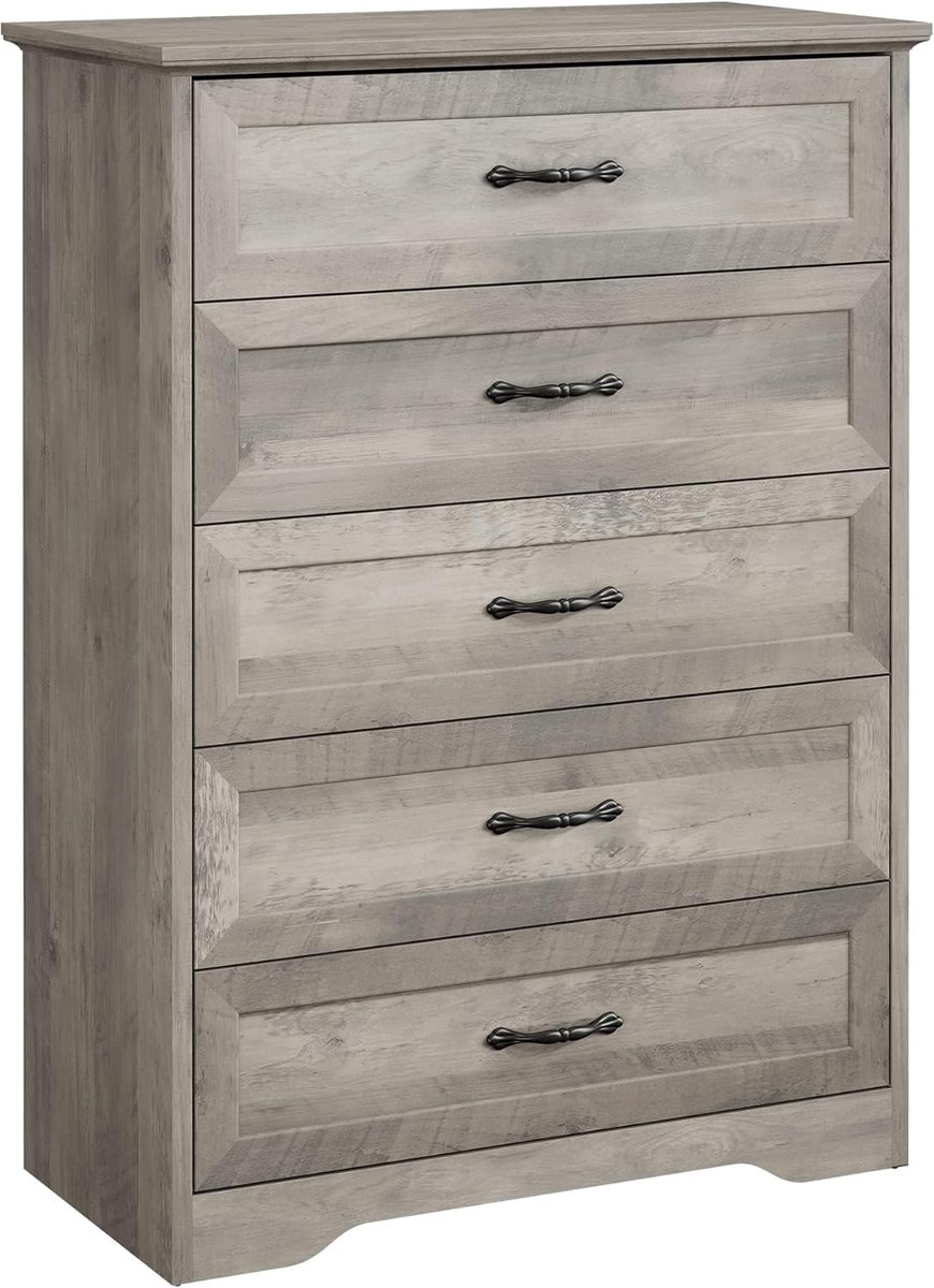 HOERFURIY Moderne Hoge Commode met 5 Laden - Luxe Ladekast Grijs met Eiken Look - Kast met Messing Handgrepen - Opbergkast voor Slaapkamer, Woonkamer & Kinderkamer