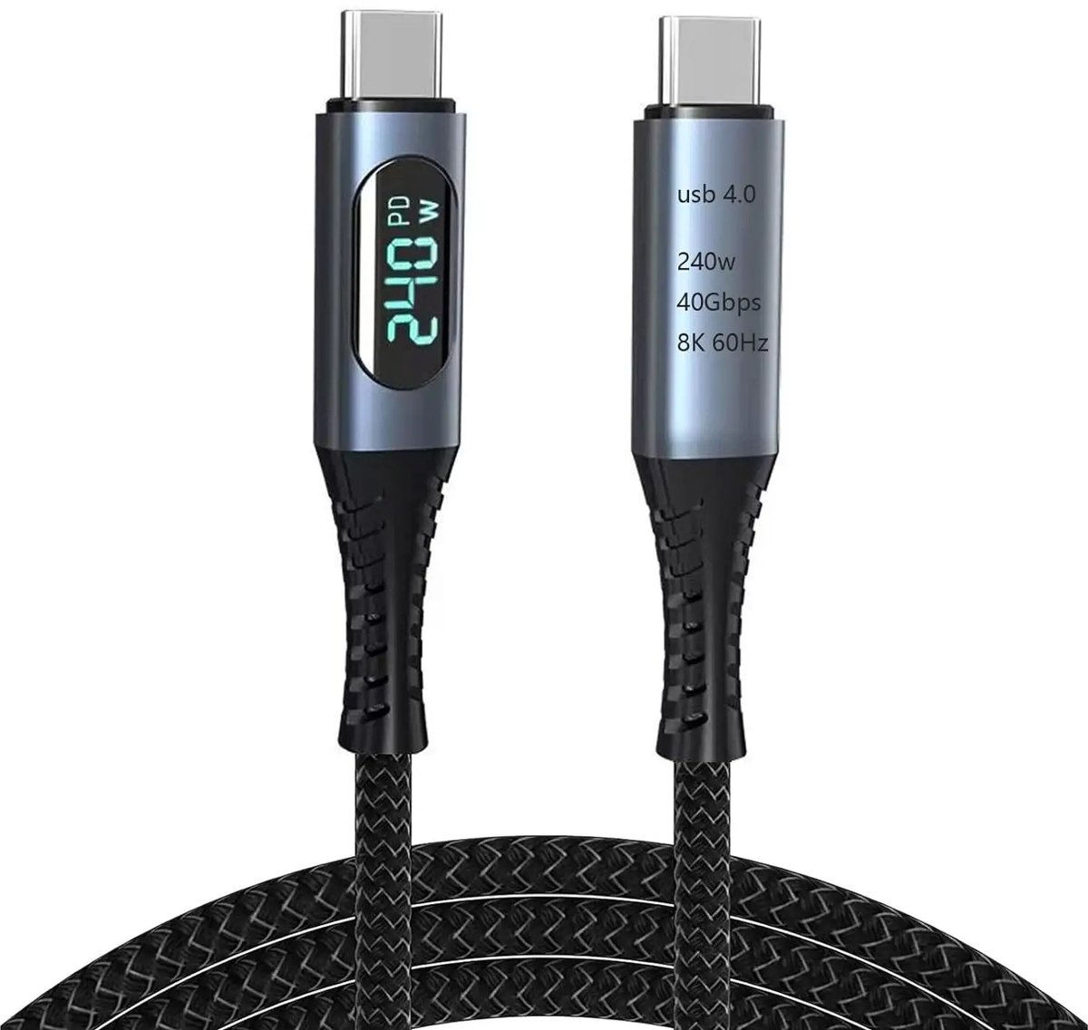 Naova® USB-C Thunderbolt 4 Kabel - 240W Snelladen - 40Gbps Dataoverdracht - 8K@60Hz Video - PD Display met Real-Time Vermogensweergave - 1.5m