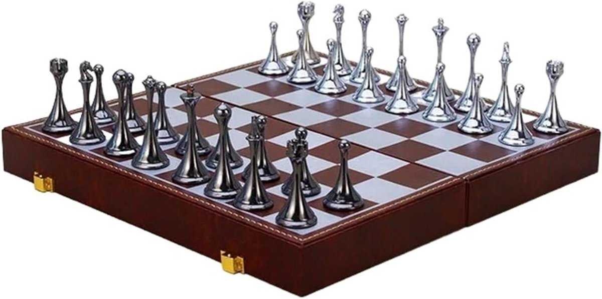 Metalen Schaakset - Opvouwbaar Bord - Strategisch Spel - Handgemaakt Vakmanschap - Eén Maat - Zilver Zwart