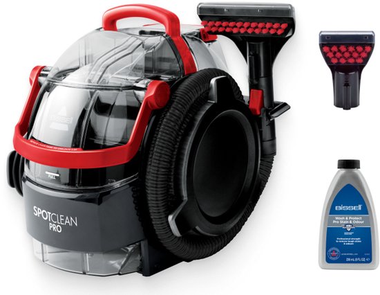 BISSELL SpotClean Pro met accessoires: reiniger, opzetstuk en flesje.