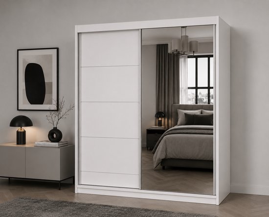 Armoire Posa 42 - Armoire 2 portes coulissantes avec miroir, 3 tiroirs et tringle à vêtements - Armoire pour chambre, hall et salon - Armoire moderne avec grand espace de rangement (Wit)
