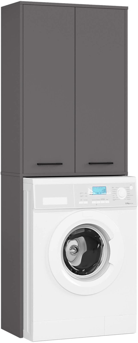 Badkamerkast voor Wasmachine FIN / Hoge Wasmachinekast met 2 Deuren / AKORD Furniture Factory / Grafietgrijs / 64 x 180 x 30 cm