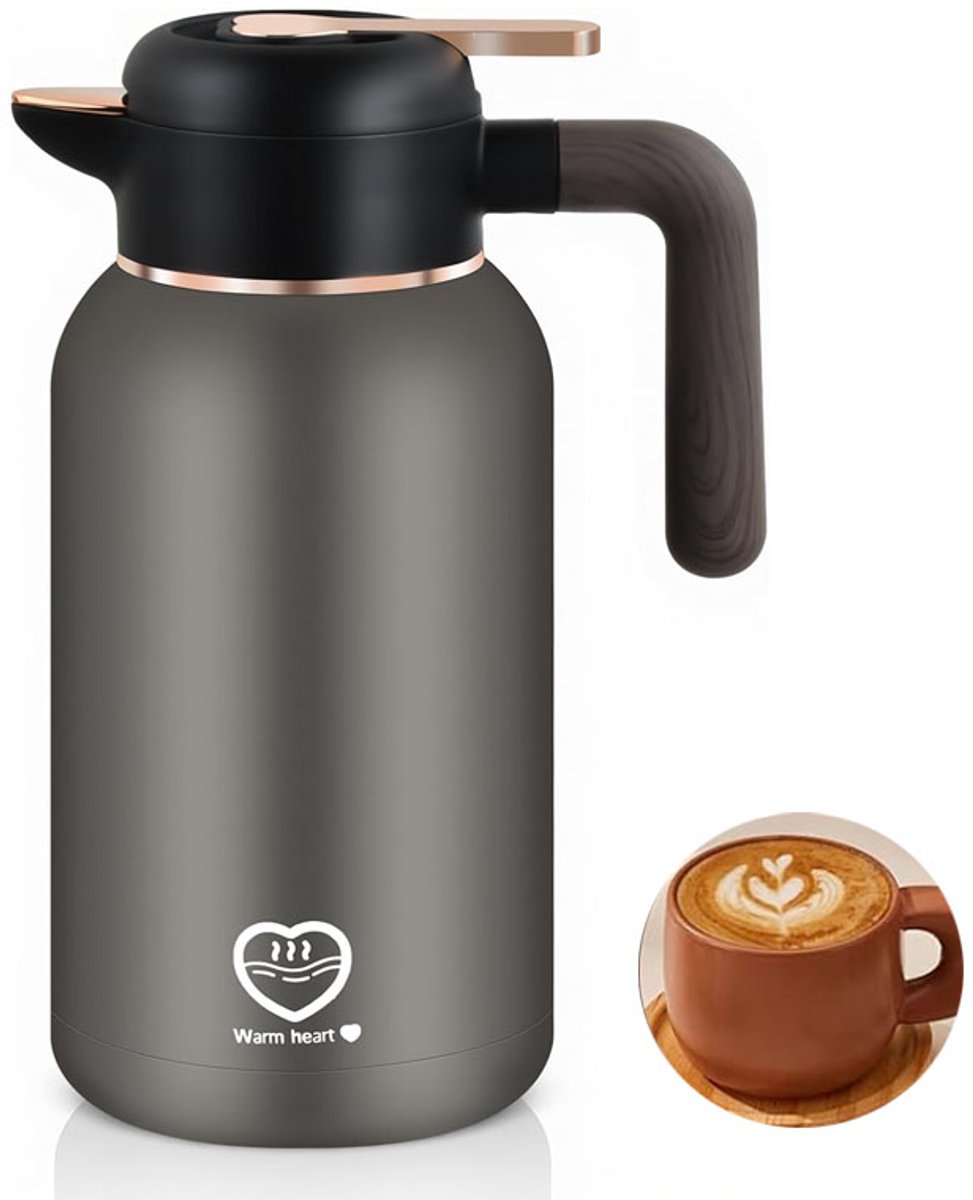 TEKROA® RVS Thermoskan 2 Liter - Dubbelwandige Isoleerkan - Voor Koffie en Thee - Zilver - Voor warme en koude dranken-24 Uur Temperatuurbehoud