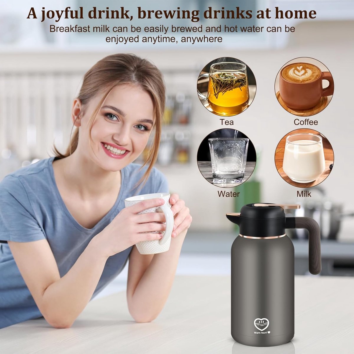 TEKROA® Thermoskan 2 Liter – RVS Isoleerkan – Koffiekan met Drukknop - Zwart - Koffie - Thee - Voor warme en koude dranken - 36u Koud / 24u Warm — cadeau in Koken & Dineren - foto 7