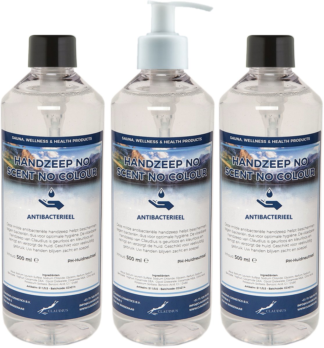 Handzeep No Scent No Colour 500 ml - set van 3 stuks - met gratis pomp - Voordeelverpakking
