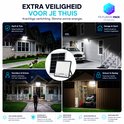 Solar LED schijnwerper verlicht de oprit, de voordeur en een schuur. Iconen tonen 'oprit & tuin', 'voordeur & entree', 'schuur & opslag'.