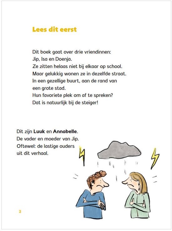 Boekoverzicht met tekst en een tekening van een onweerswolk boven twee boze gezichten.