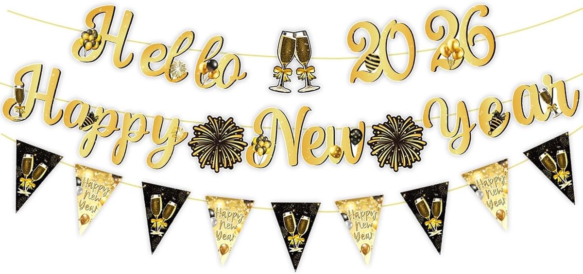 Allecto - Feestdecoratie - Oud en Nieuw - Banner - Champagne en Vuurwerk - Feestelijk - Nieuwjaarsgarland - Geschikt voor Feestjes - Goudkleurig