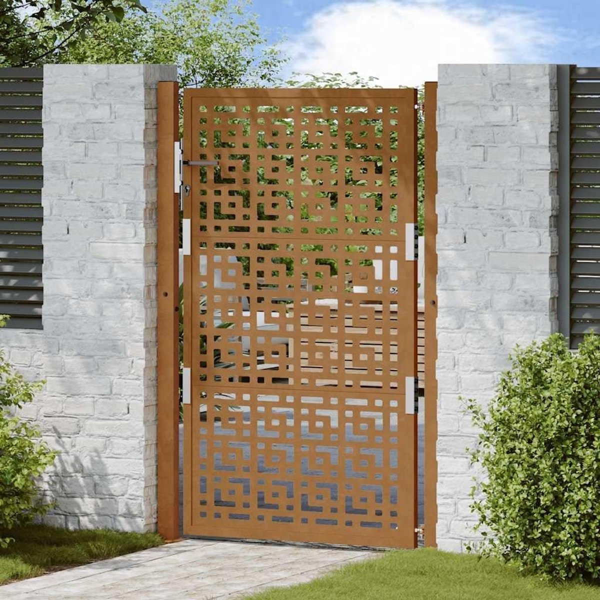 Tuinpoort Staal - Buitenpoort Hek - Tuin Toegang - Weerbestendig Kruisdesign - 105x155 cm - Bruin