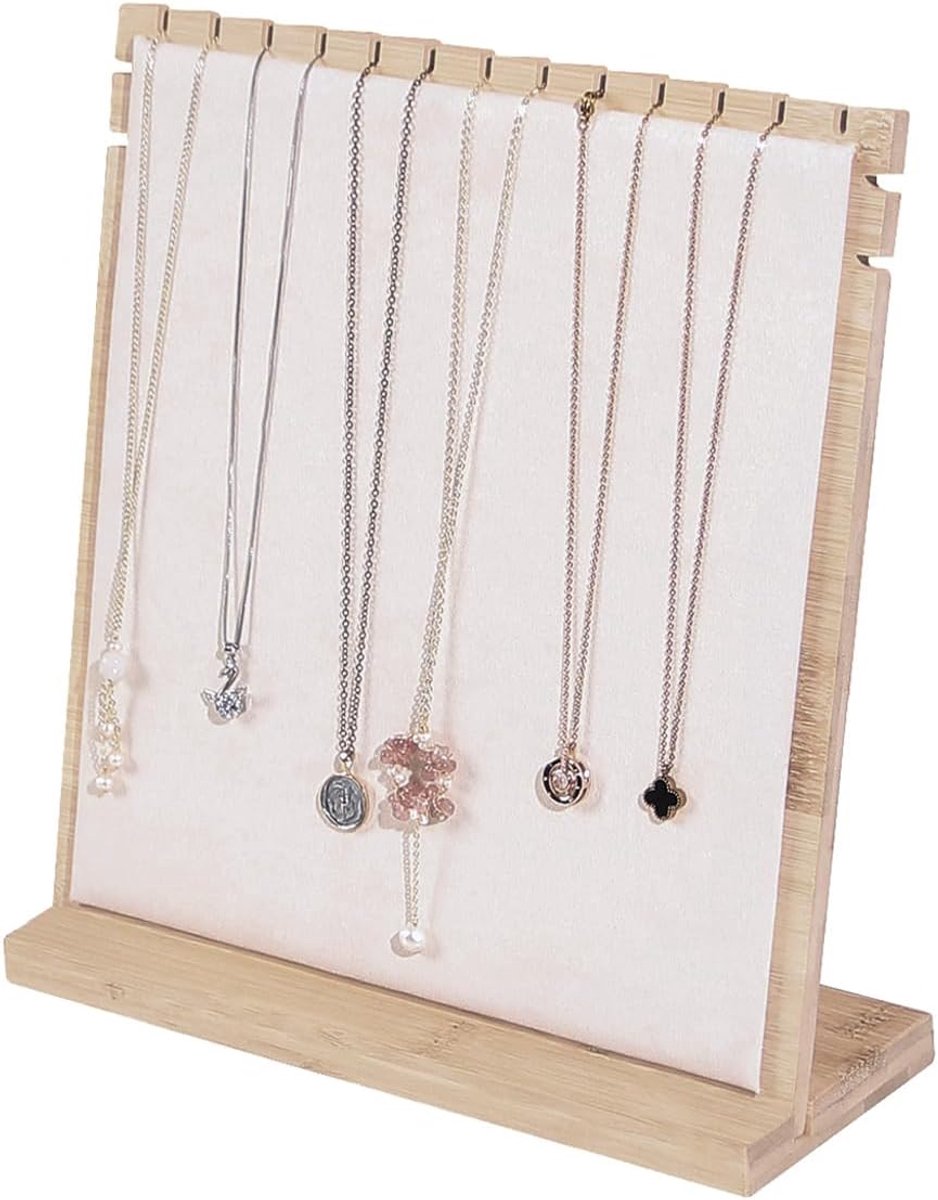 Famanu – Bamboe ketting display stand, houten sieraden houder voor het tonen van kettingen en accessoires, beige fluweel