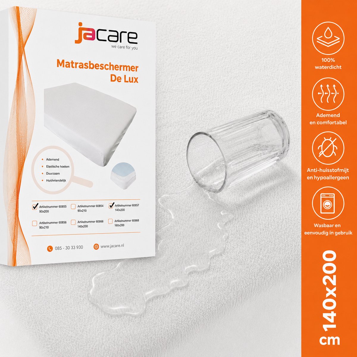 Jacare - Matrasbeschermer 140x200 - Waterdicht & Ademend - Antibacterieel - Hypoallergeen - Rondom Elastiek - Wit