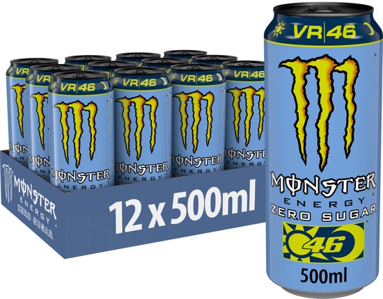 Doos met 12 blikjes Monster Energy VR46 Zero Sugar. Lichtblauwe blikjes met Monster logo en VR46 branding.