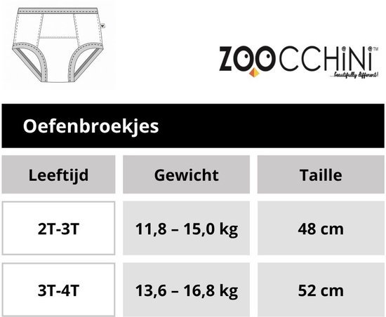 Maattabel Zoocchini oefenbroekjes met illustratie van een broekje.