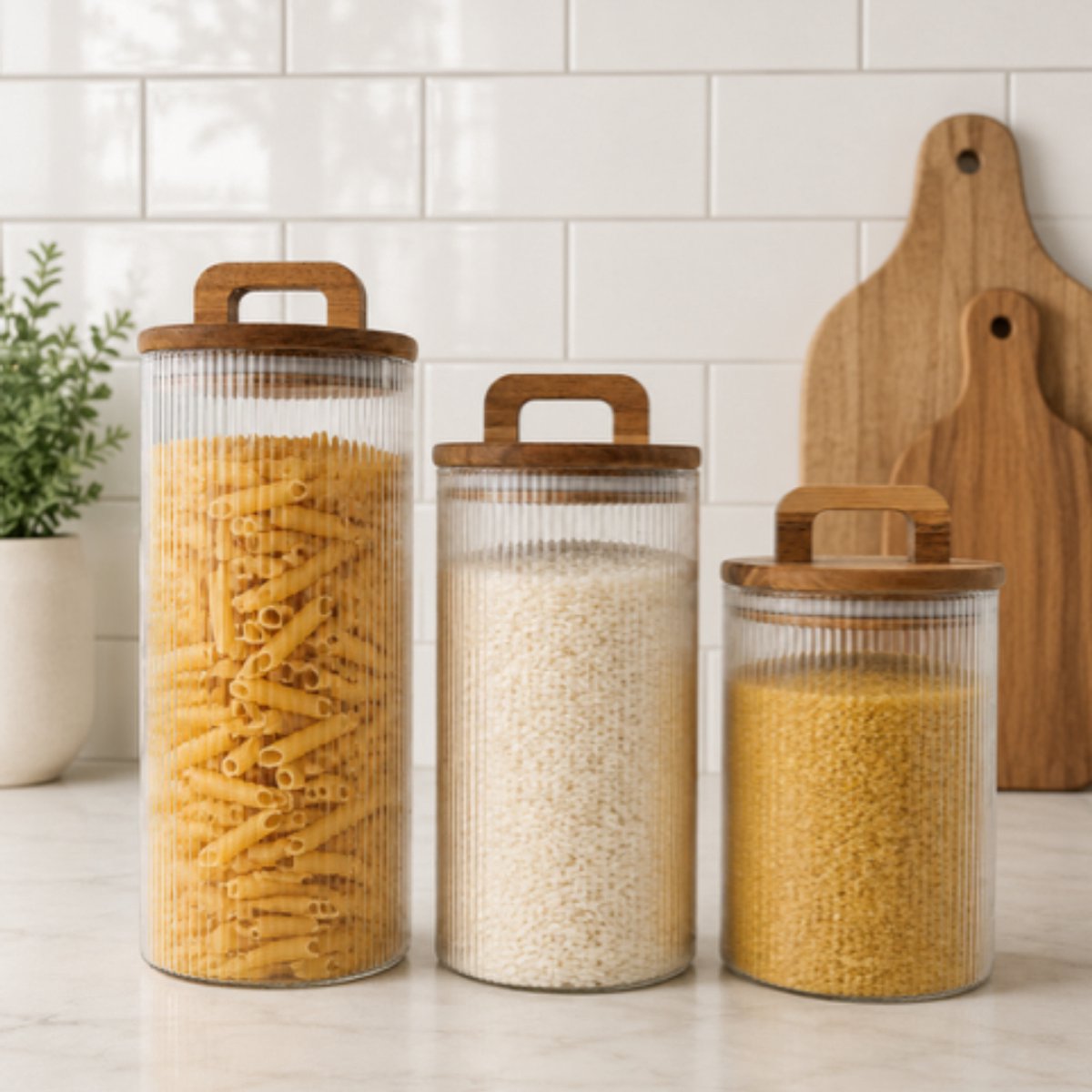 Voorraad potten set van 3 - 1000ml - 1700ml - 2100 ml - ribbel - voorraadpotten glas met deksel, luchtdichte potten met houten deksel, voorraadpot voor muesli, glazen luchtdichte voorraadpotten voor pastanoedels, meelopslag, koffiebonen glazen — cadeau in Wonen & Interieur - foto 2
