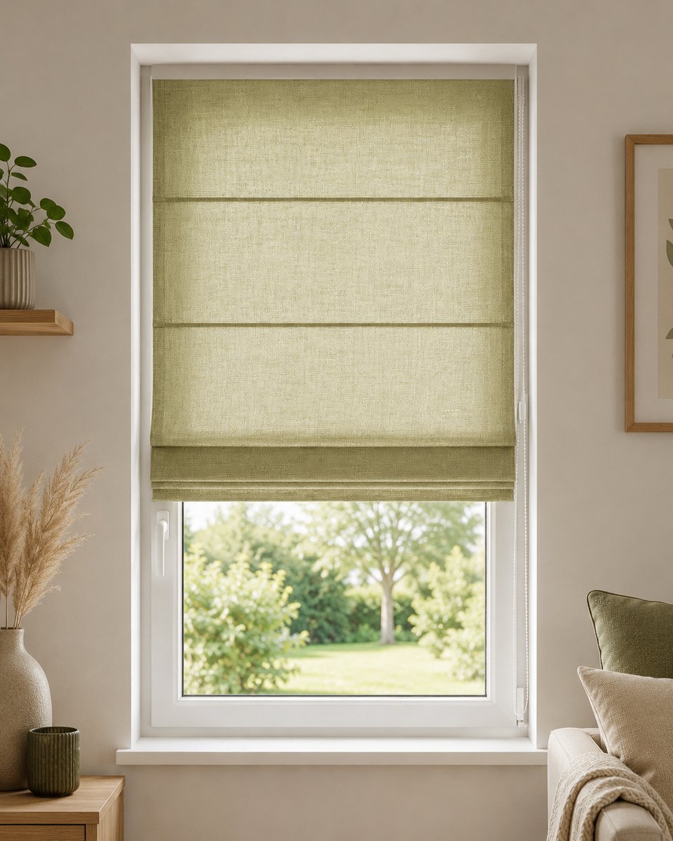 Madécostore Vouwgordijn Linnen Look – Lichtdoorlatend – Beige/Groen – 120 x 180 cm – Met Kettingmechanisme – foto 2
