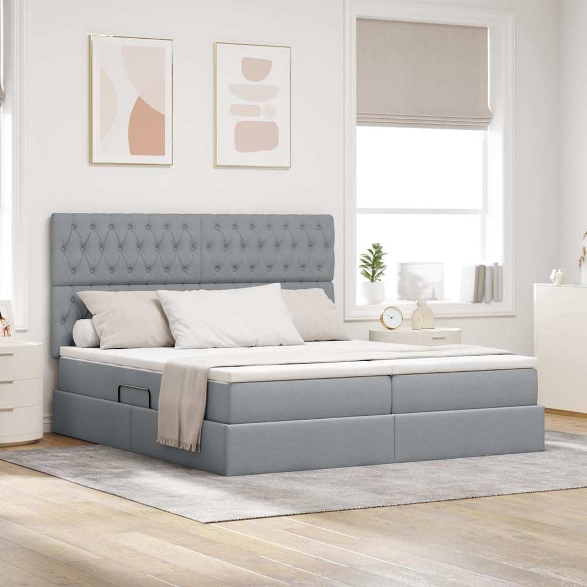 vidaXL LED - opbergbed - met - matras - Lichtgrijs - 200 - x - 200 - cm - Stof