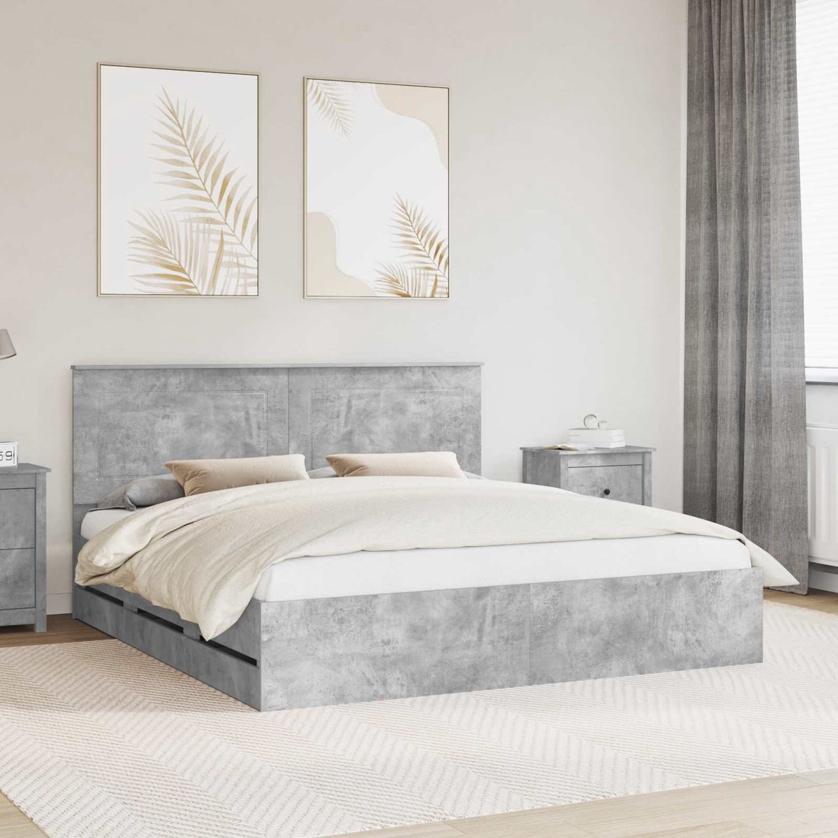 vidaXL Bedframe - met - lade - Beton - Grijs - 200 - x - 200 - cm - Ingenieurshout Beton grijs