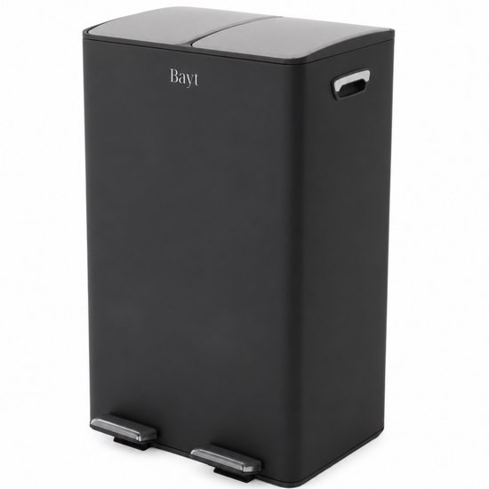 Bayt Prullenbak - Prullenbak 60 Liter (2x30) - Vuilnisbak 60 Liter - Pedaalemmer 60 Liter - Prullenbak Afvalscheiding - Prullenbak 2 Vakken - Afvalbak - RVS - Zwart/Zilver