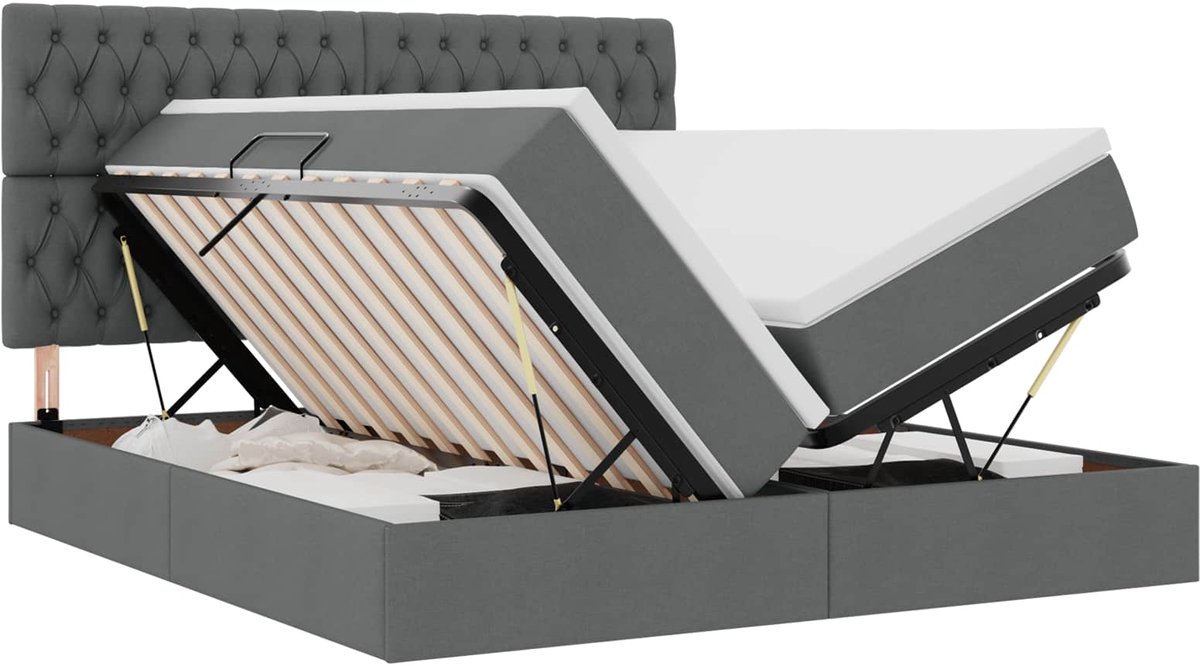 vidaXL LED - opbergbed - met - matras - Donkergrijs - 200 - x - 200 - cm - Stof