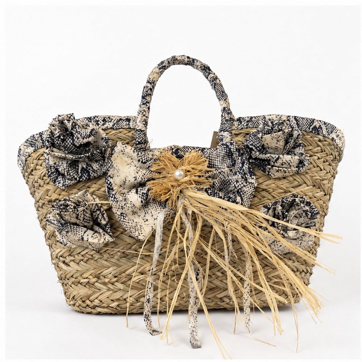 HS Grote Mand Handtas - Zwart Naturel Raffia Bloemen