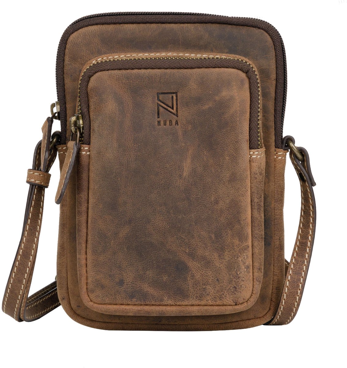 NUBA Schoudertas Leren Telefoontasje Hunter - crossbodytas 100% Leer - Nature 3342 - Buffelleer Tas Klein - Bruin