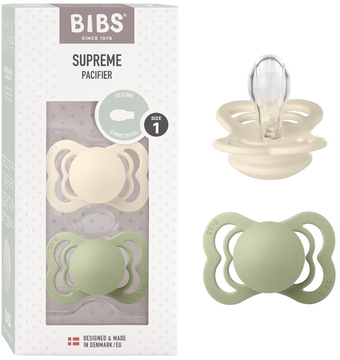 BIBS Supreme Fopspeen - 0-6 mnd - 2-pack - Symmetrisch - Ivory/Sage