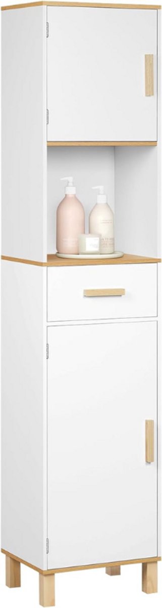 Badkamerkast Met 5 Compartimenten En 1 Lade Witte Ladekast Met Verstelbare Vakken Hoge Kast MDF Massief Hout 39 X 179 X 30 Cm