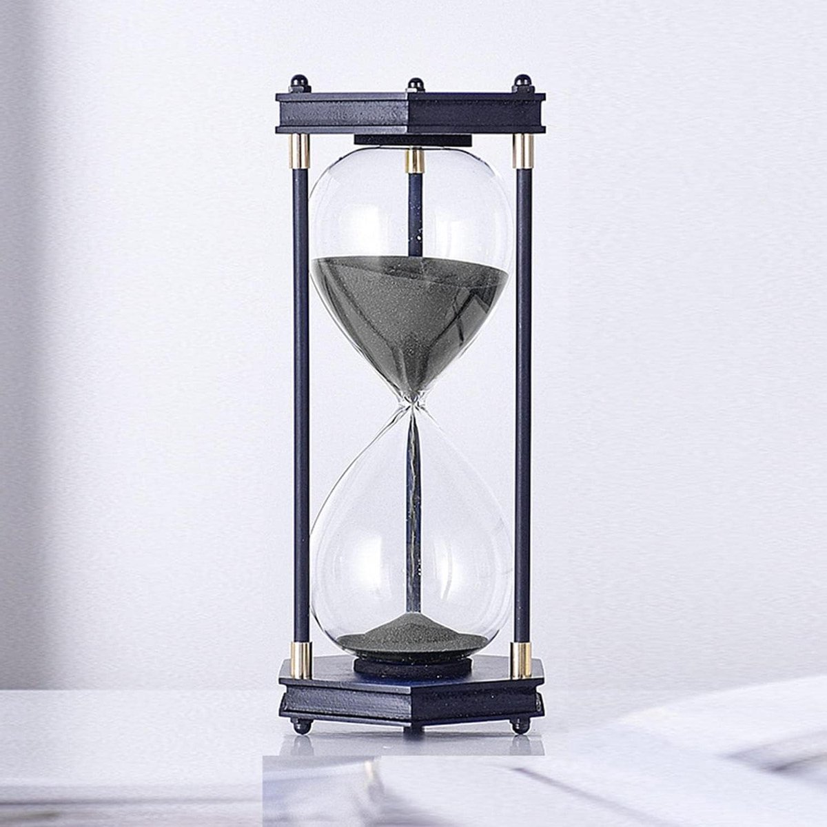 Zeshoekige Zandloper - Zandklok Timer - Keuken Koken - Valbestendig Frame - 11.5x11.5x25 cm - Zwart Zand