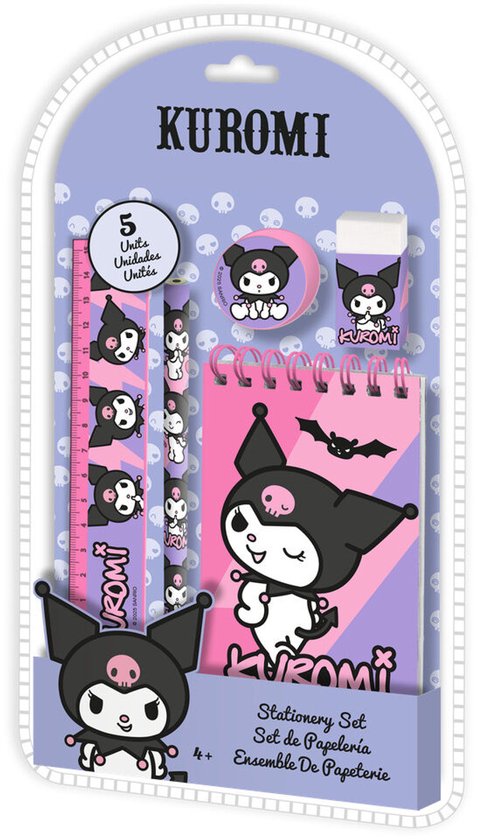 Kuromi schrijfset met notitieboekje, gum, liniaal en potlood. Bevat Kuromi-afbeeldingen en paarse/roze kleurenschema.