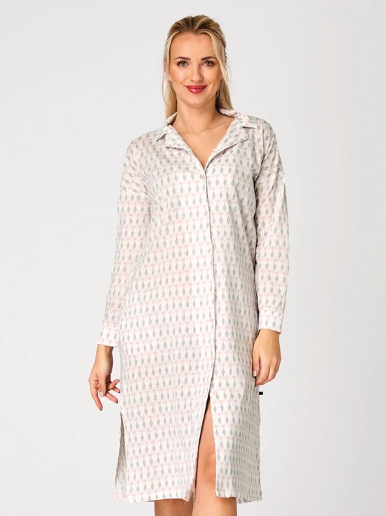 Key Katoenen Dames Nachthemd Lange Mouw Zomer Knoopsluiting Print Wit Roze LND 879 42 / XL