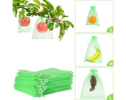 Fruitbeschermingszakken – groen – 100 stuks – Fruitnetten 15,24 cm × 20,32 cm met trekkoord, beschermnetten voor fruitbomen, planten, fruit en bloemen
