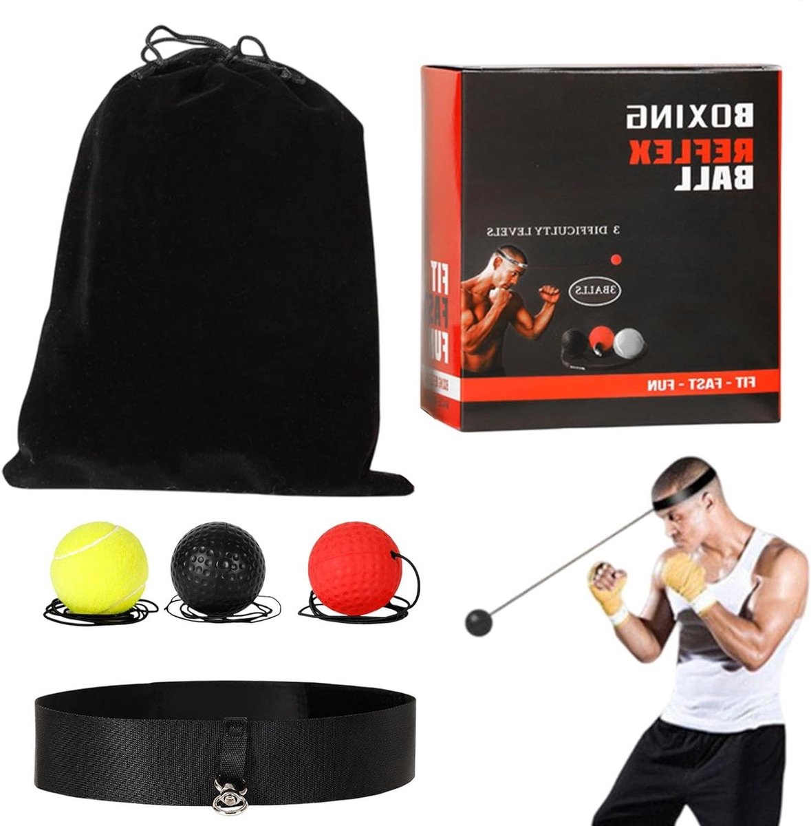 Trainingsbal Set - Reactiebal Hoofdband - Hand-oog Coördinatie - Verstelbare Hoofdband - 3 Ballen - Zwart