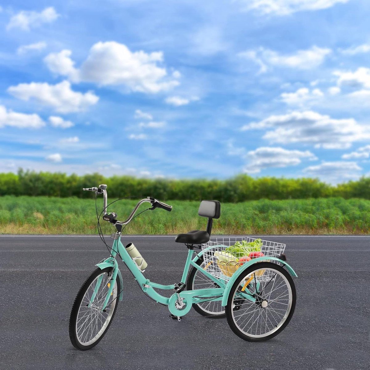 Driewieler voor Volwassenen - Stadsfiets Vouwfiets - Comfortabel Transport - Inclusief Grote Mand - 24 Inch Wielen - Turquoise