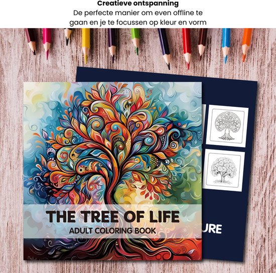 Het 'The Tree of Life' volwassen kleurboek met een kleurrijke levensboom, naast een schets van de levensboom en gekleurde potloden.