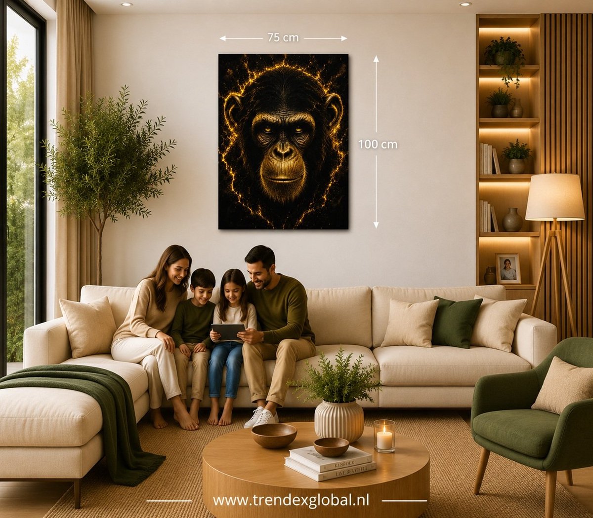 Trendex Global Canvas schilderij 100x75 cm - Gouden Chimpansee op zwarte achtergrond - Luxe Wanddecoratie - Zwart - Goud - Dieren