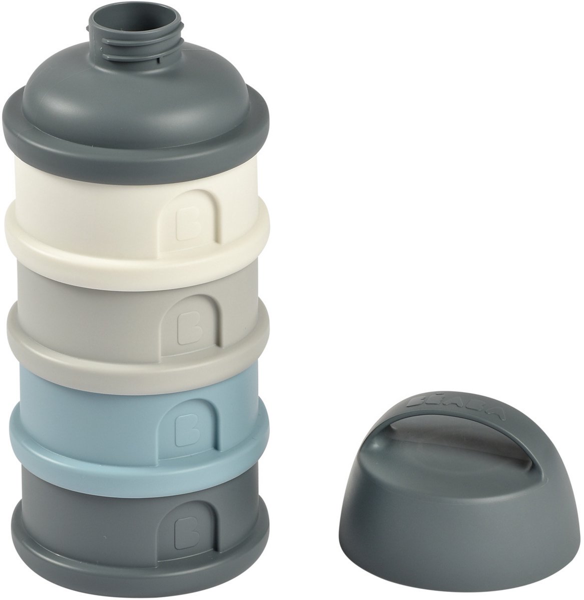 Béaba Melktoren - Baby Melkpoeder Doseerdoosjes - 4 Laagse Melkpoeder Toren - Babyvoeding Bewaarbakjes - BPA Vrije Poedertoren- Blauw Grijs
