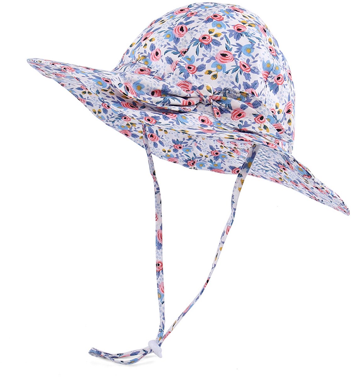 VHV - Baby zonnehoed - UPF 50+ katoenen zomerhoed met kinband - lichtroze bloemenprint - voor strand en vakantie