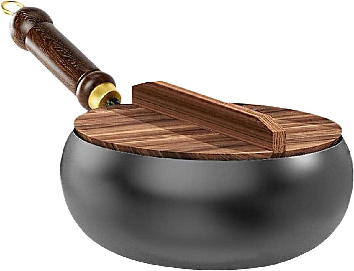 IJzeren Wokpan - Roerbakpan Ronde Bodem - Gezond Koken - Handgesmeed Duurzaam IJzer - 28 cm - Houten Deksel