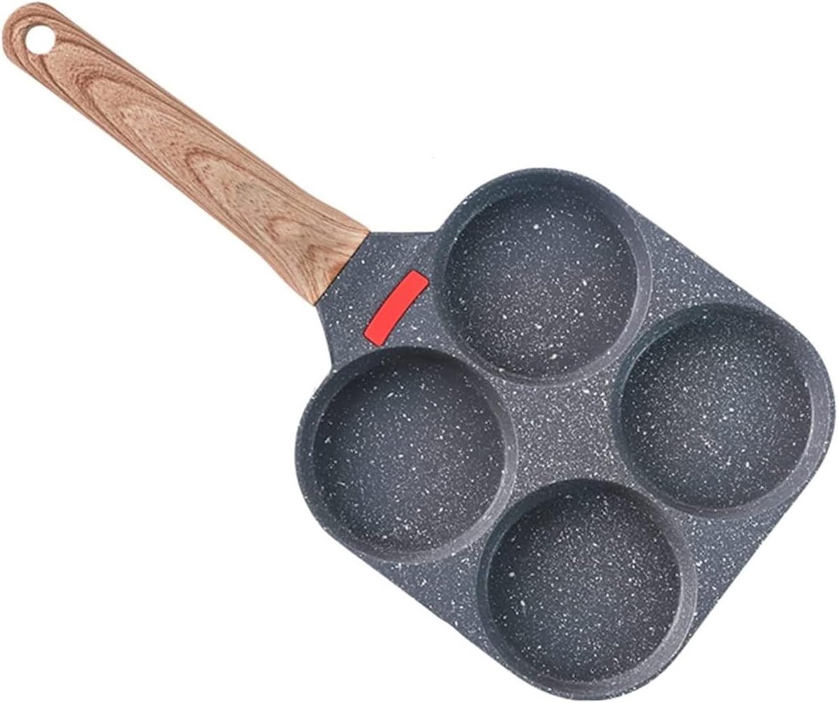 Gevulde pannenkoekenpan Pancake Pan Pancake Pan, Ei Fying Pan, 4 Holes Ei Friture Pan Keukengereedschap Hamburger Pot Hout Korrelgreep kookplaat kookgerei koekenpan wok Learned extensively