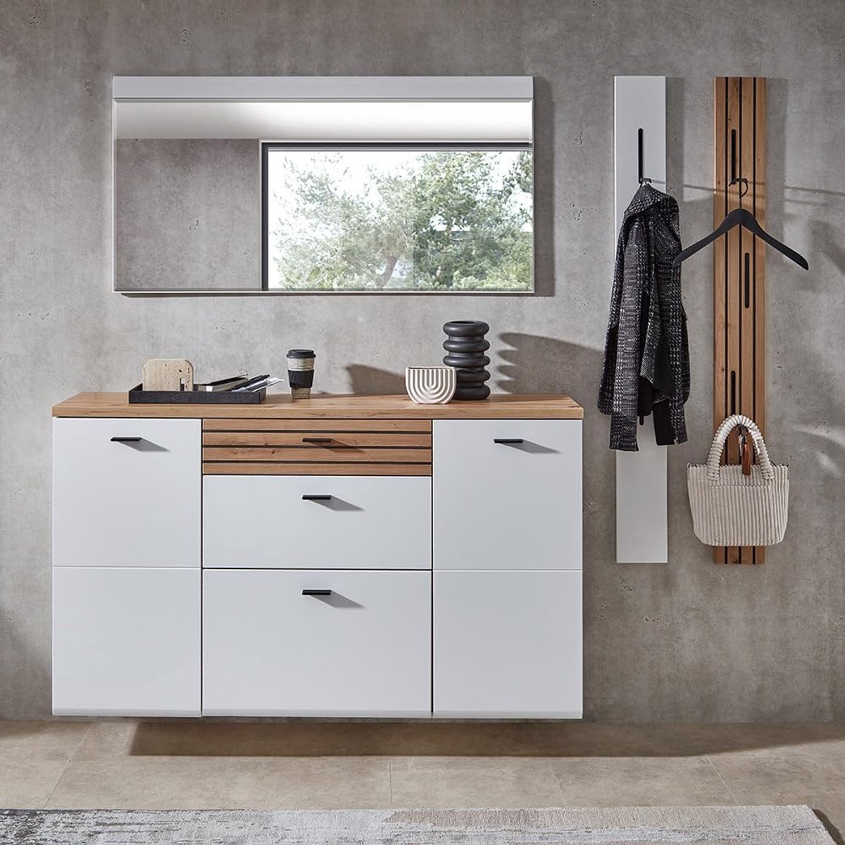 Garderobeset 4-delig met Spiegel en Schoenenkast 222x201x40 cm Wit/Eiken Lijstlook – Moderne Halmeubel Set met Softclose Laden, Wandmontage en Metalen Haken – Mobili Bella