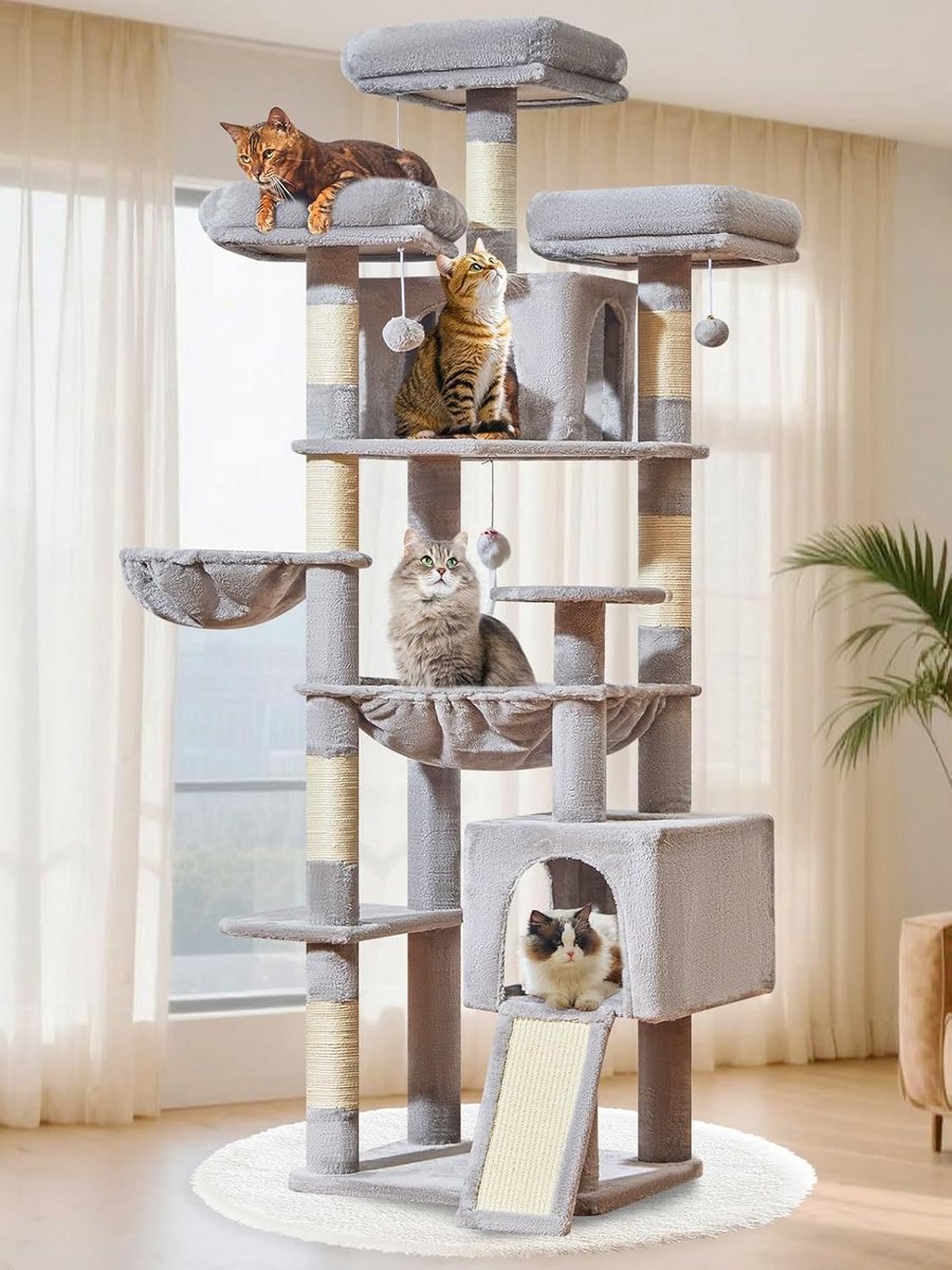 Krabpaal XXL - Katten Toren - Spelen en Rusten - Meerdere Niveaus - 193CM Hoog - Lichtgrijs