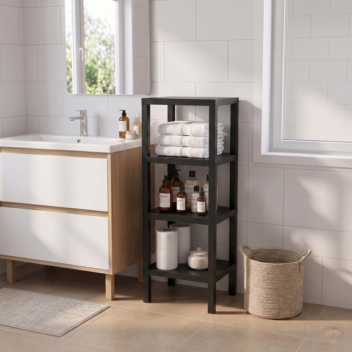 INDECOR Badkamerrek Opbergrek Staand – 4 Laags Multifunctioneel Kunststof Organizer – Keuken, Badkamer & Woonkamer Rek – Zwart
